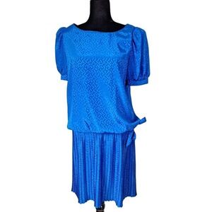 Vintage 80s Blue Dropwaist Puff Sleeve Dress Women Size Small